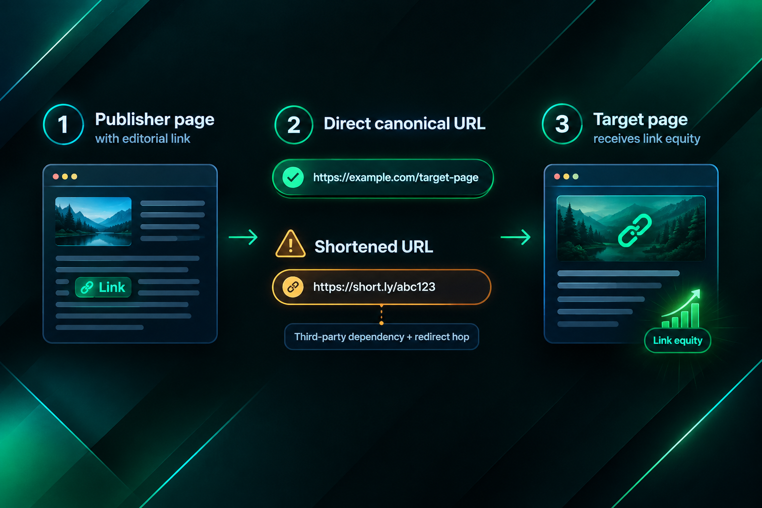 Process diagram showing direct canonical URL versus shortened URL path in a link building campaign