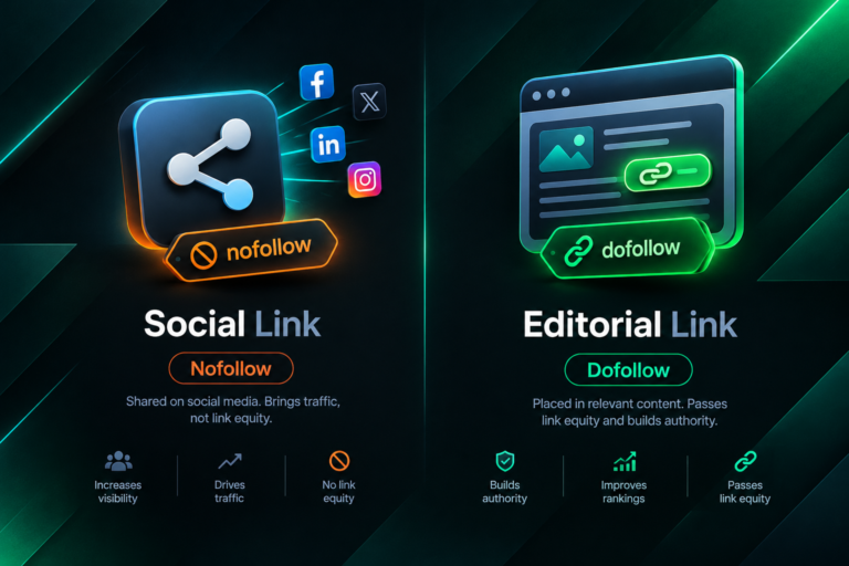 Social media nofollow links versus editorial dofollow backlinks illustrated side by side