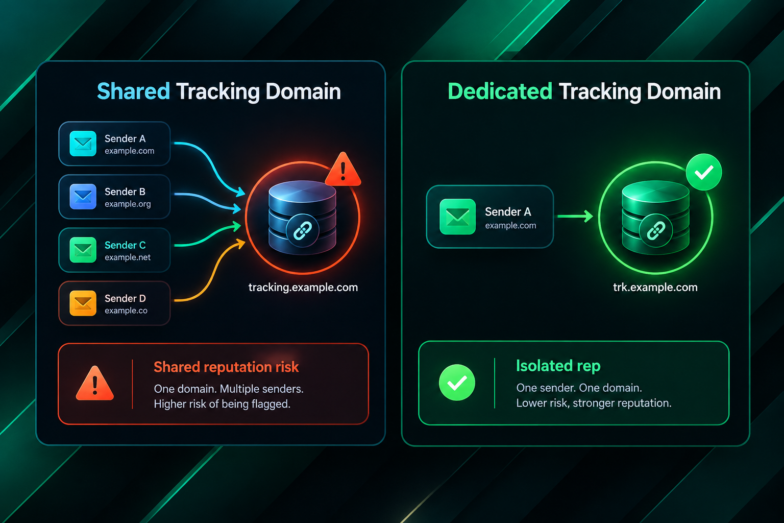 Comparison diagram of shared tracking domain versus dedicated custom tracking domain for outreach