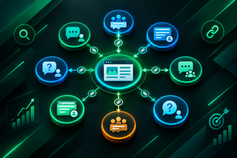 Forum link building illustration showing community platforms connected to a website via backlinks