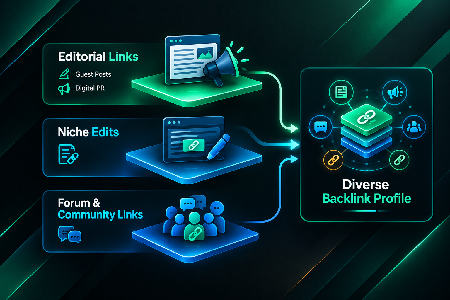 Three-layer link building campaign diagram showing editorial, niche edit and forum link tiers