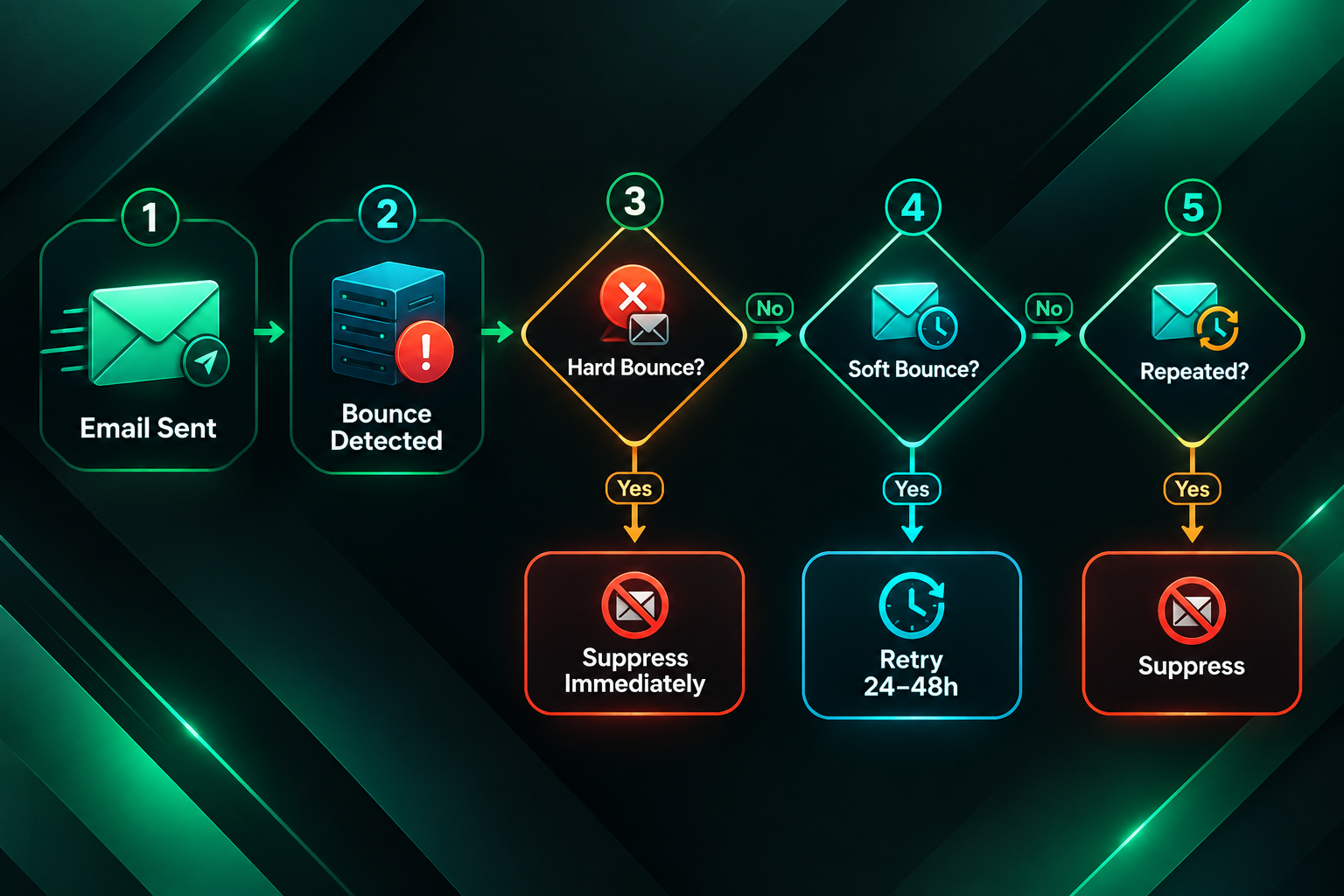 Outreach bounce management process flow for hard and soft bounces