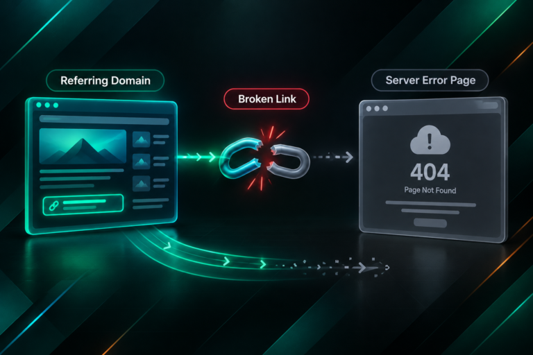 Illustration of broken link equity flow caused by a server error on a destination page