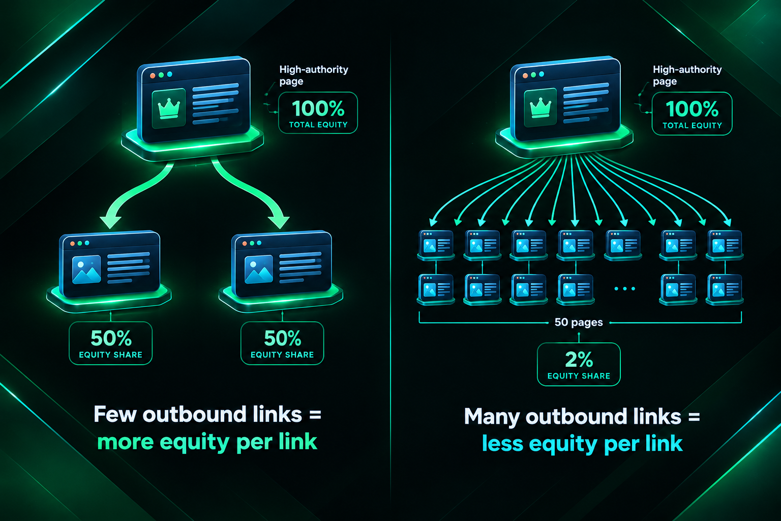 Infographic showing how PageRank equity is divided among outbound links on a page