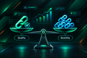Illustration comparing link quality versus link quantity as factors in SEO backlink strategy