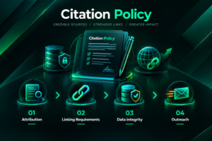 Citation policy framework for original research showing attribution and backlink requirements