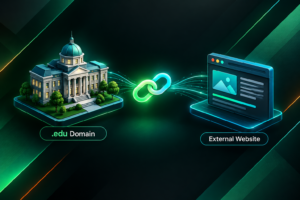 Illustration of academic institution linking to a website representing academic citation backlinks