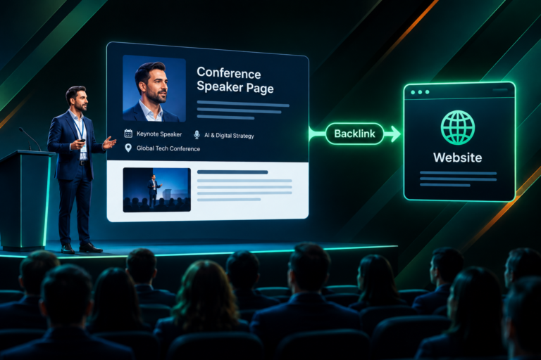 Illustration of a conference speaker earning a backlink from an event speaker page to a website
