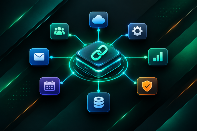 Software integration ecosystem illustration showing connected SaaS tools and backlink opportunity