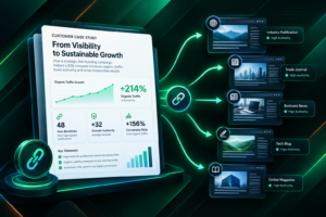 Customer case study document connected to industry publications representing backlink acquisition
