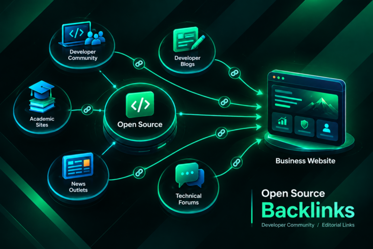 Open source project ecosystem generating editorial backlinks to a business website