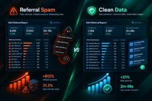 GA4 referral report comparison showing spam-inflated data versus clean filtered referral traffic