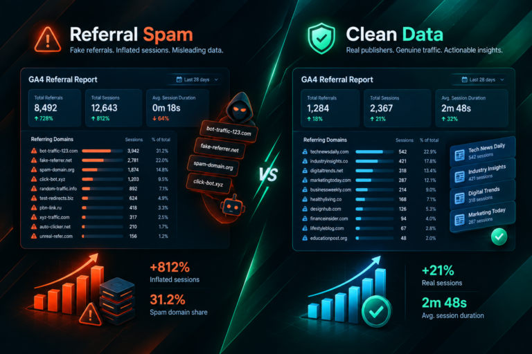 GA4 referral report comparison showing spam-inflated data versus clean filtered referral traffic