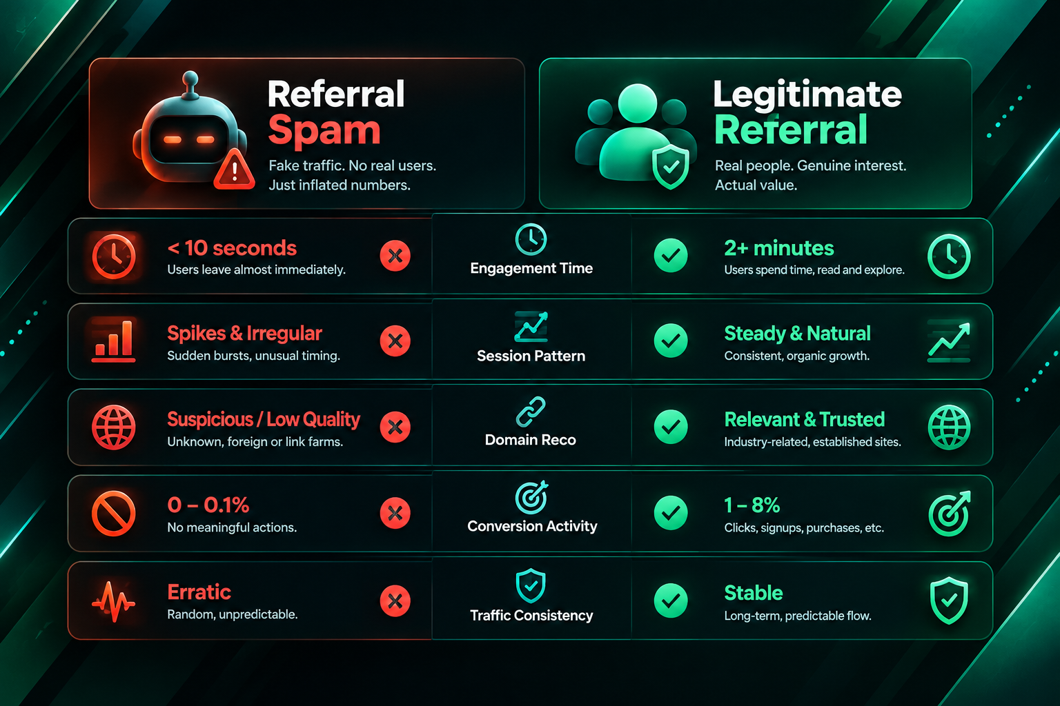 Comparison chart showing differences between referral spam and legitimate referral traffic in GA4