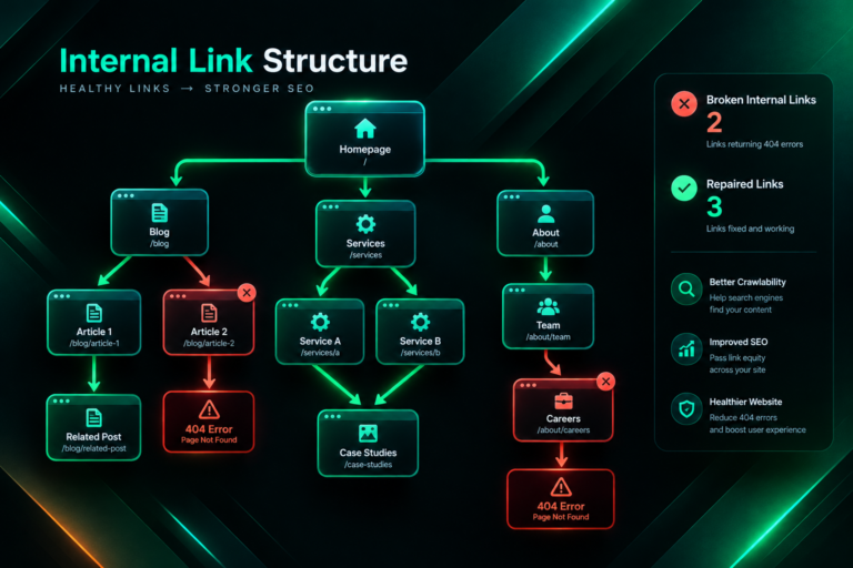 Website internal link structure diagram showing broken links in red and repaired links in green
