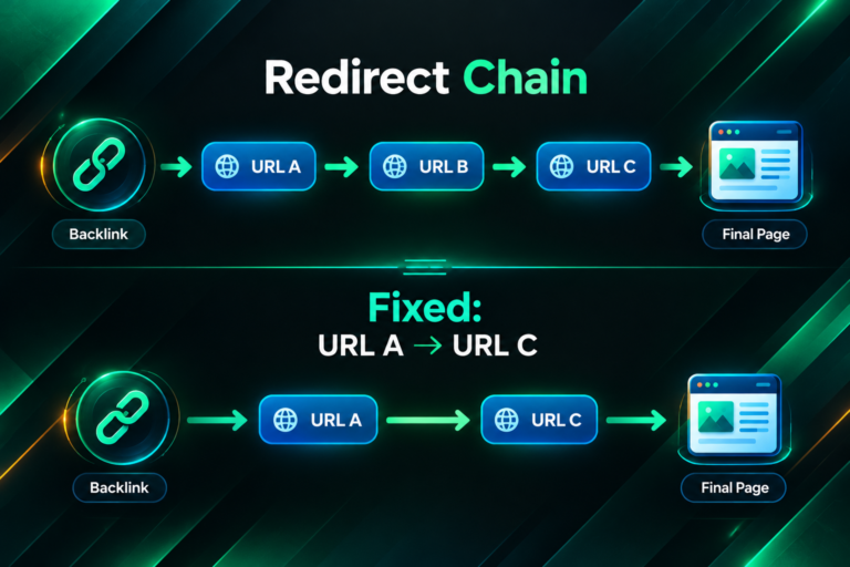 Diagram showing a redirect chain from URL A to URL C versus a direct fixed redirect