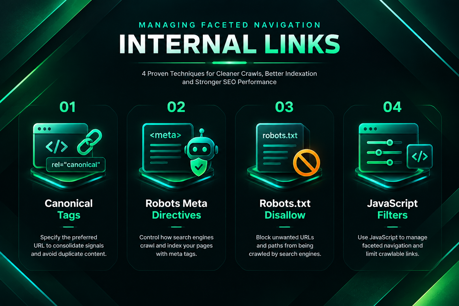 Four core techniques for managing internal links in faceted navigation shown as a process diagram