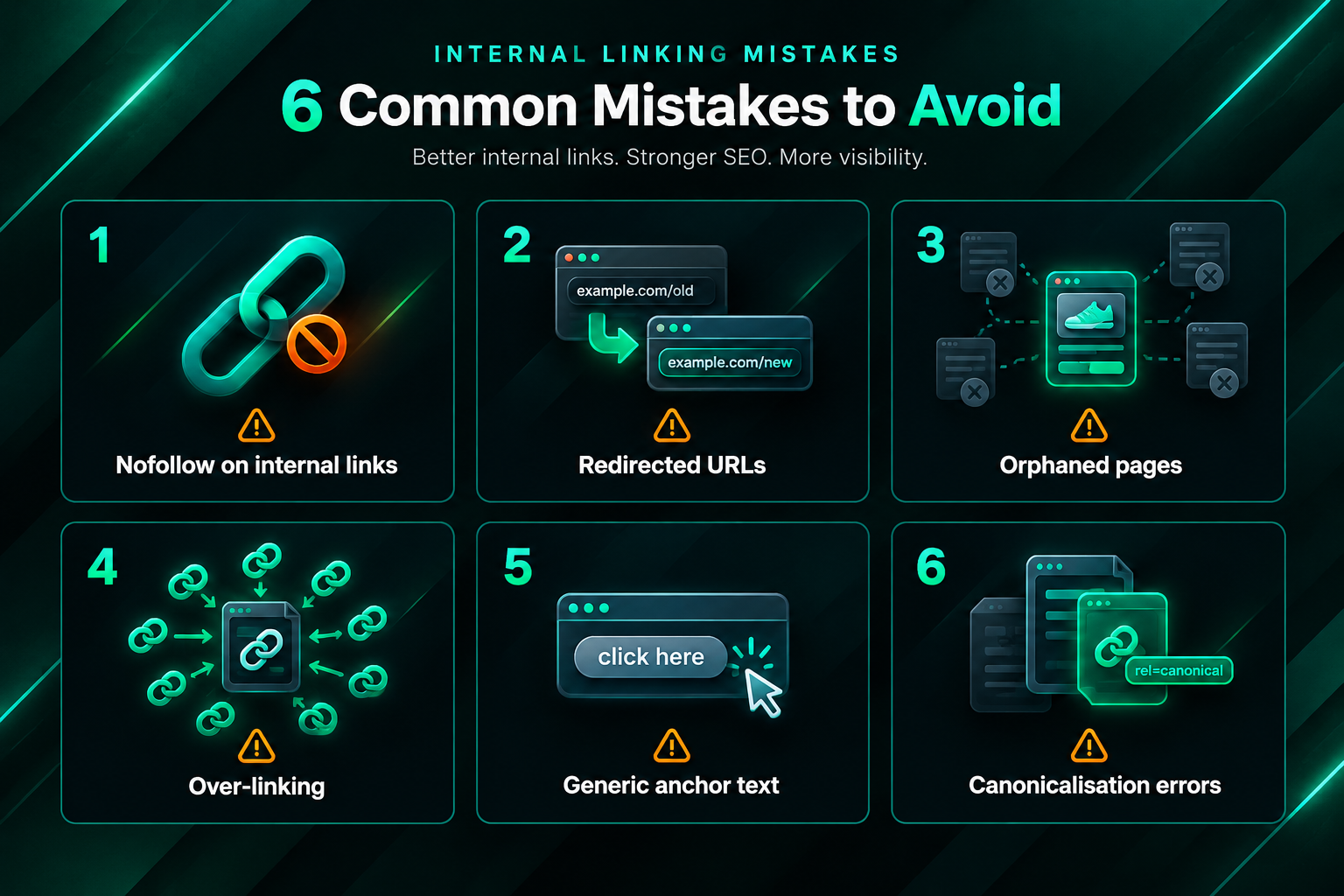 Fact cards showing six common internal linking mistakes that reduce link equity flow