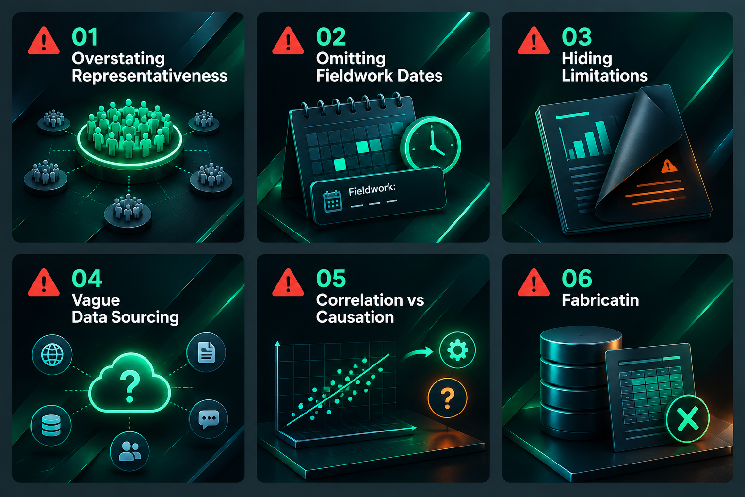 Six common digital PR research methodology mistakes shown as warning fact cards