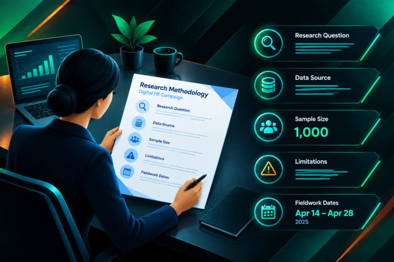 Structured research methodology document for a digital PR campaign with labeled sections