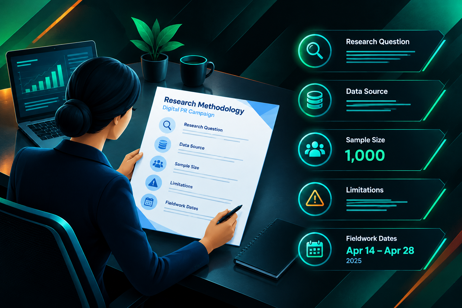 Structured research methodology document for a digital PR campaign with labeled sections