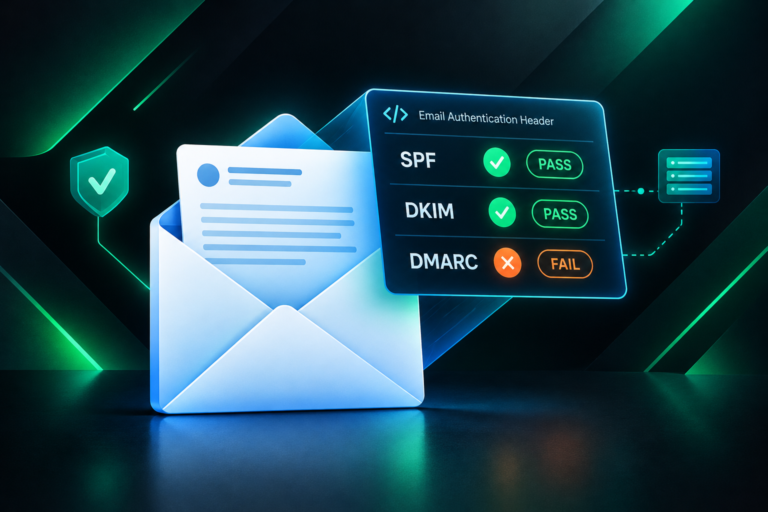 Email header analysis illustration showing SPF, DKIM and DMARC authentication results