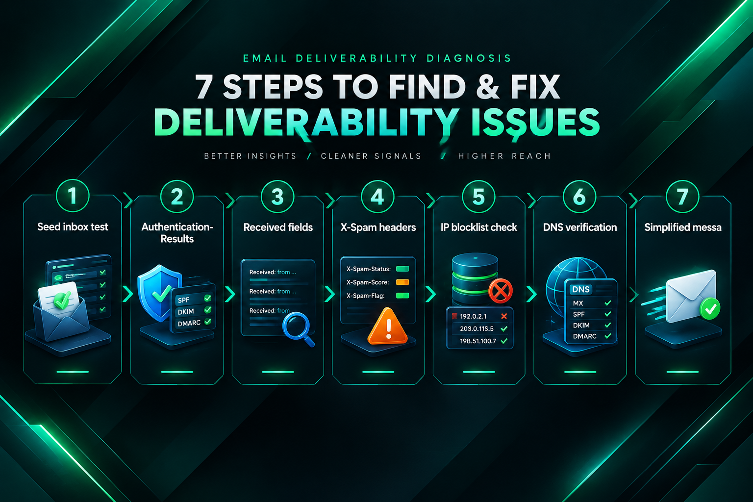 Seven-step process diagram for diagnosing outreach email deliverability problems