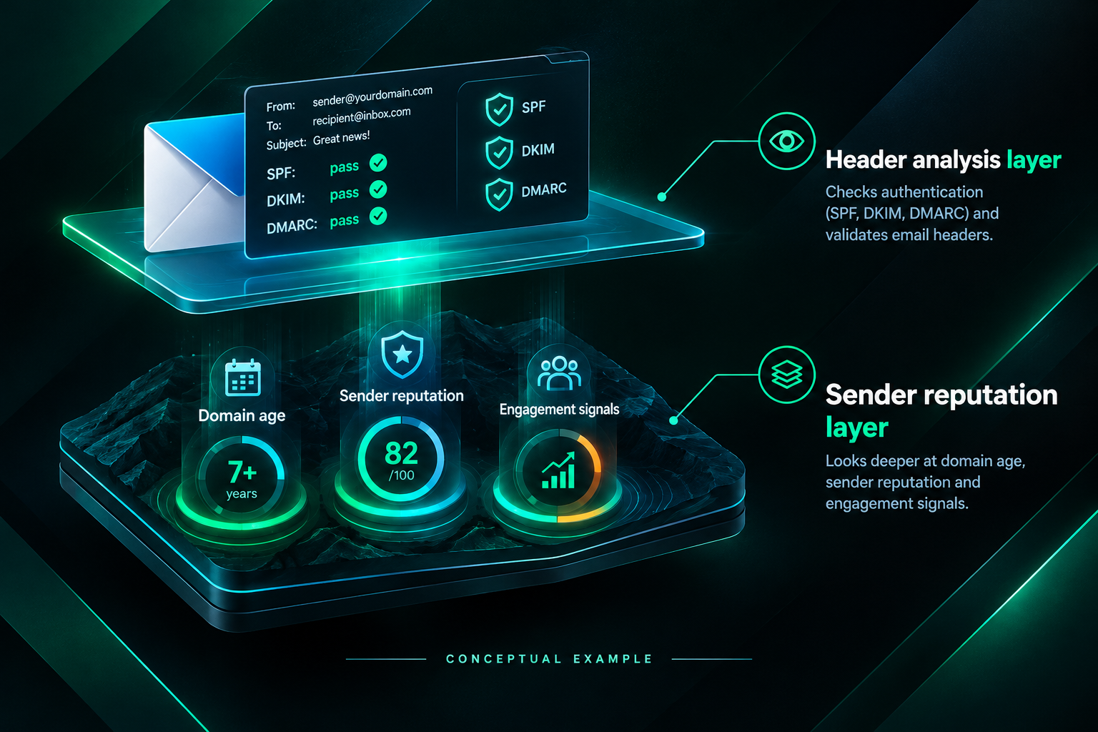 Conceptual illustration of email deliverability factors beyond header analysis for outreach