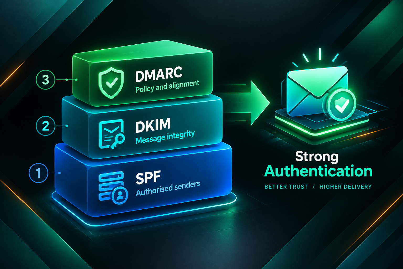 Email authentication stack diagram showing SPF, DKIM, and DMARC layers for outreach deliverability
