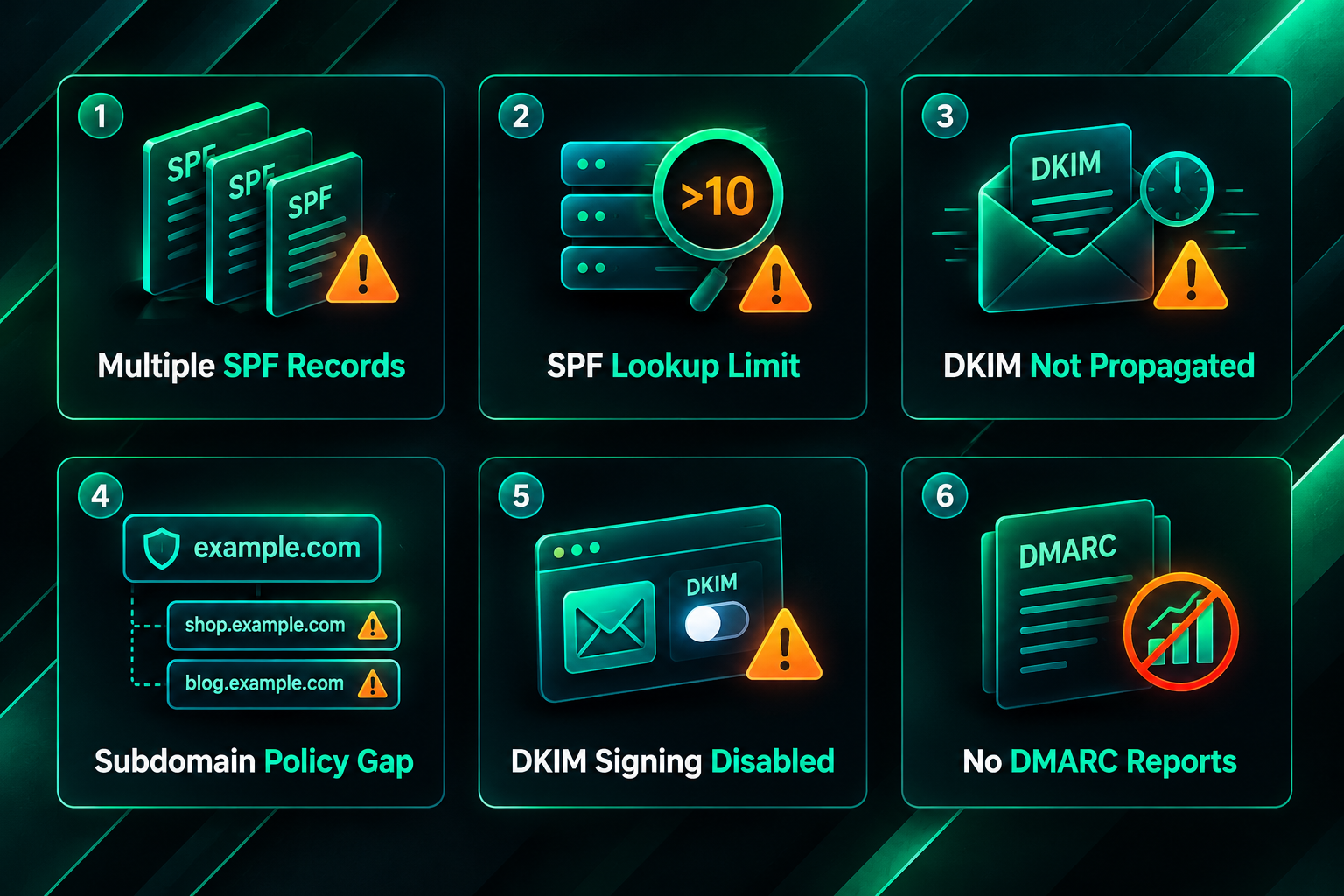 Six common DMARC setup mistakes for outreach email campaigns illustrated as fact cards