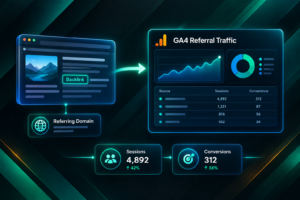 Illustration of backlink referral traffic flowing into a GA4 analytics dashboard