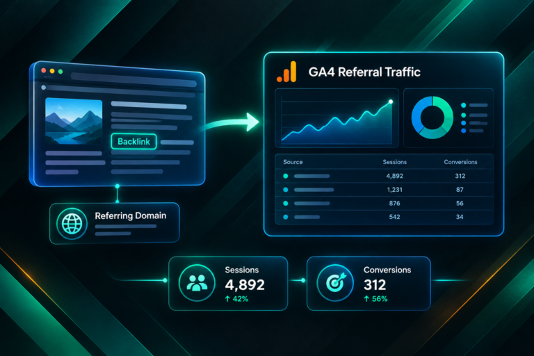 Illustration of backlink referral traffic flowing into a GA4 analytics dashboard