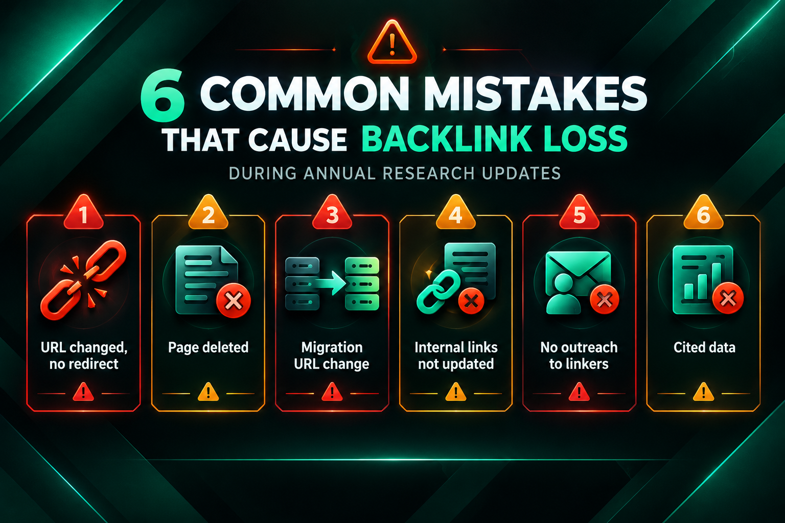 Infographic showing six common mistakes that cause backlink loss when updating annual research