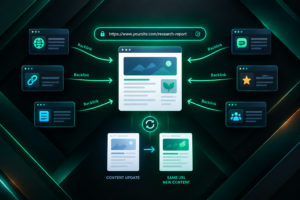 Illustration of annual research page with stable URL preserving backlinks during content update