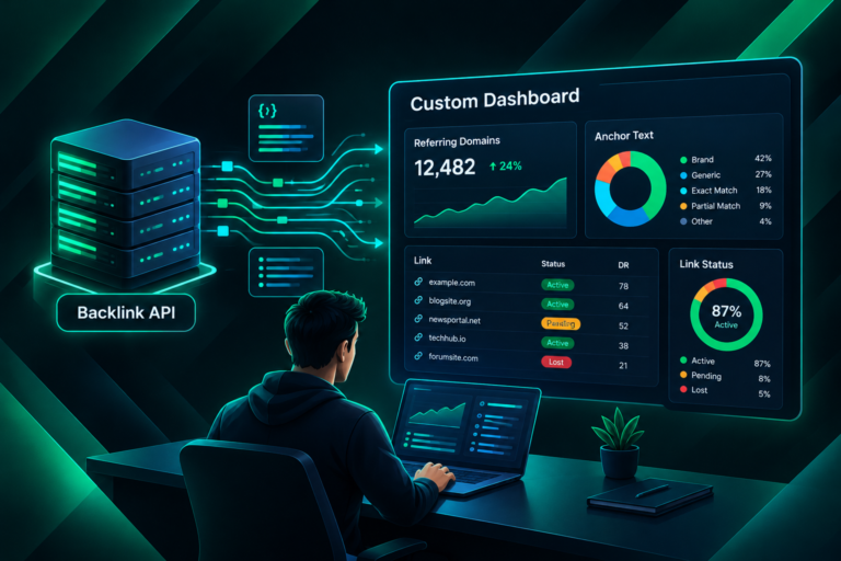 Backlink API connecting to a custom SEO analysis dashboard showing referring domains and link data