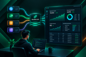 Backlink API connecting to a custom SEO analysis dashboard with domain and link data