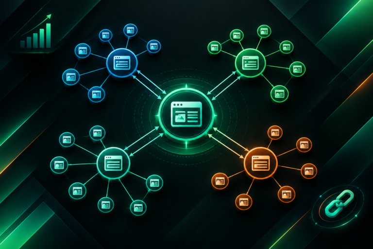Backlink network visualization map showing interconnected referring domain nodes and topical