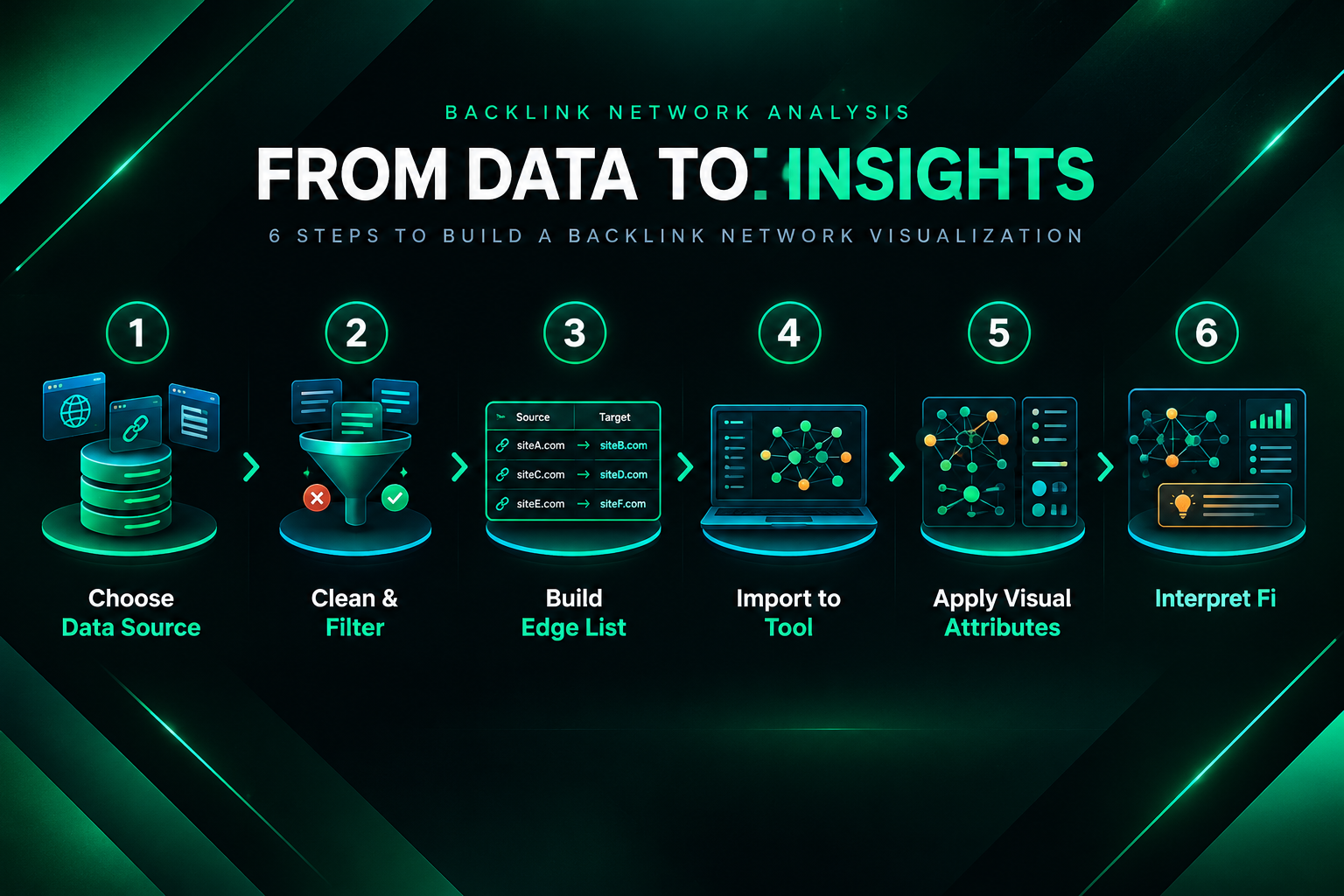Six-step process diagram for building a backlink network visualization from data export to