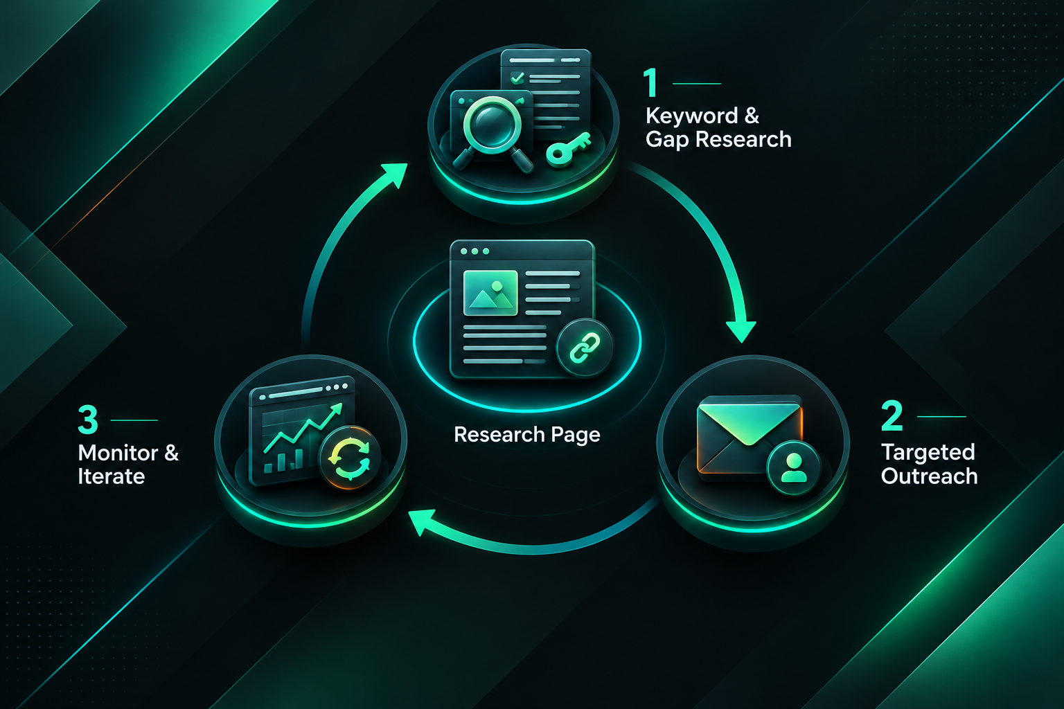 Research page integrated into a cyclical link building strategy with outreach and monitoring stages