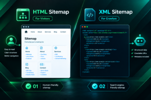 HTML sitemap vs XML sitemap comparison illustration showing human-facing page and crawler-facing