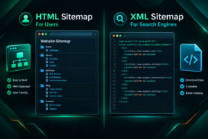 HTML sitemap vs XML sitemap comparison illustration showing user-facing page and crawler-facing