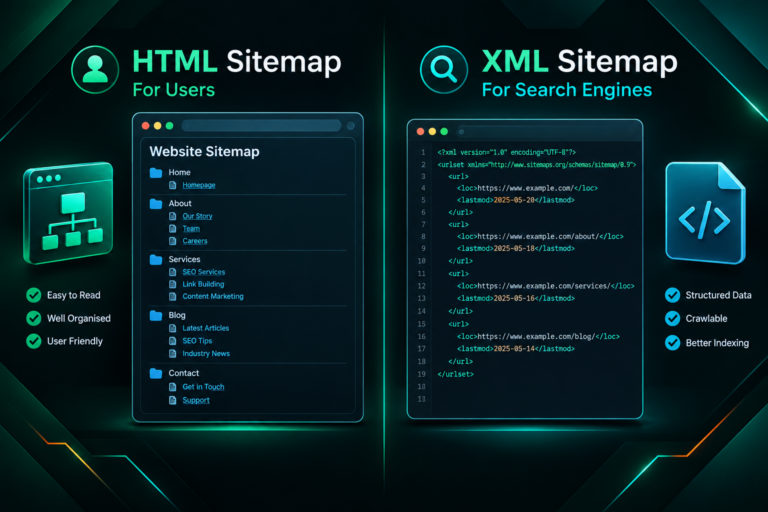 HTML sitemap vs XML sitemap comparison illustration showing user-facing page and crawler-facing