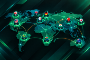 International link building illustration showing interconnected websites across multiple countries