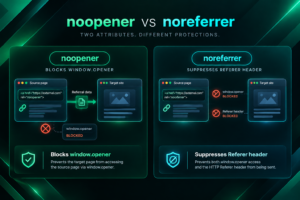 noopener vs noreferrer HTML link attributes comparison illustration