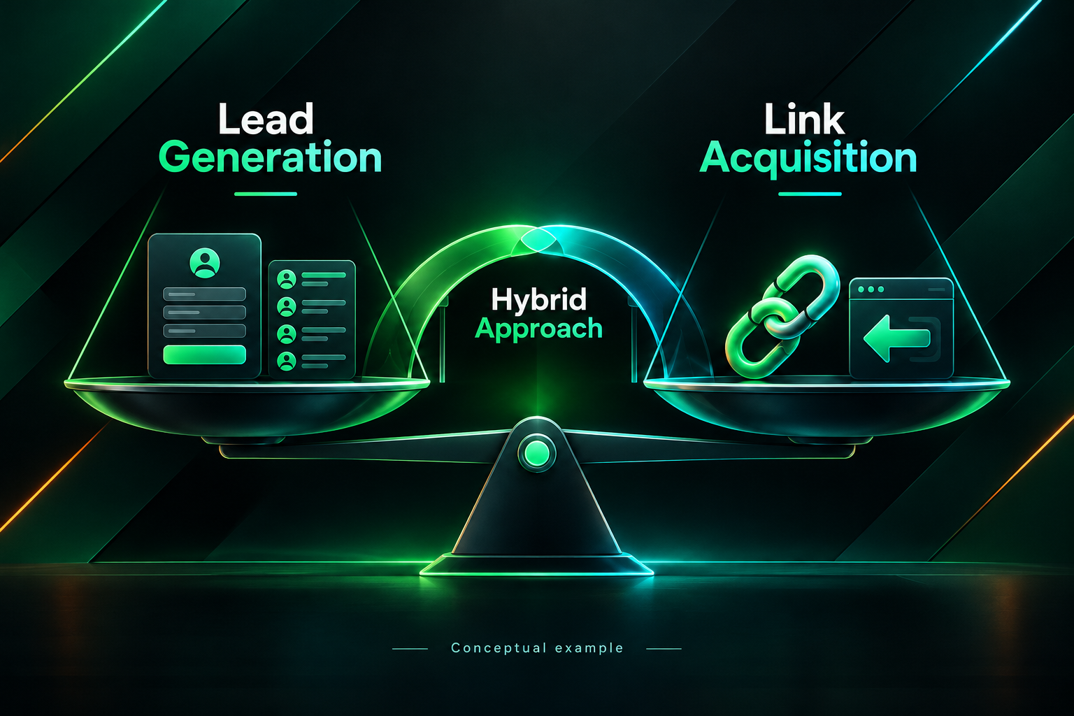 Balance scale illustration showing lead generation vs link acquisition goals with hybrid approach