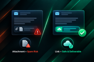 Cold outreach email with attachment flagged as spam versus clean email with cloud document link