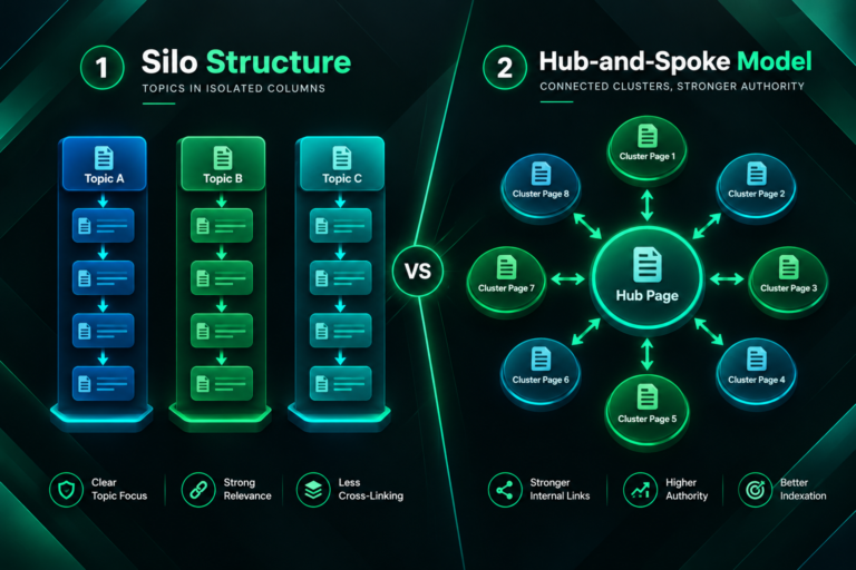 Silo structure vs hub-and-spoke internal linking model comparison illustration