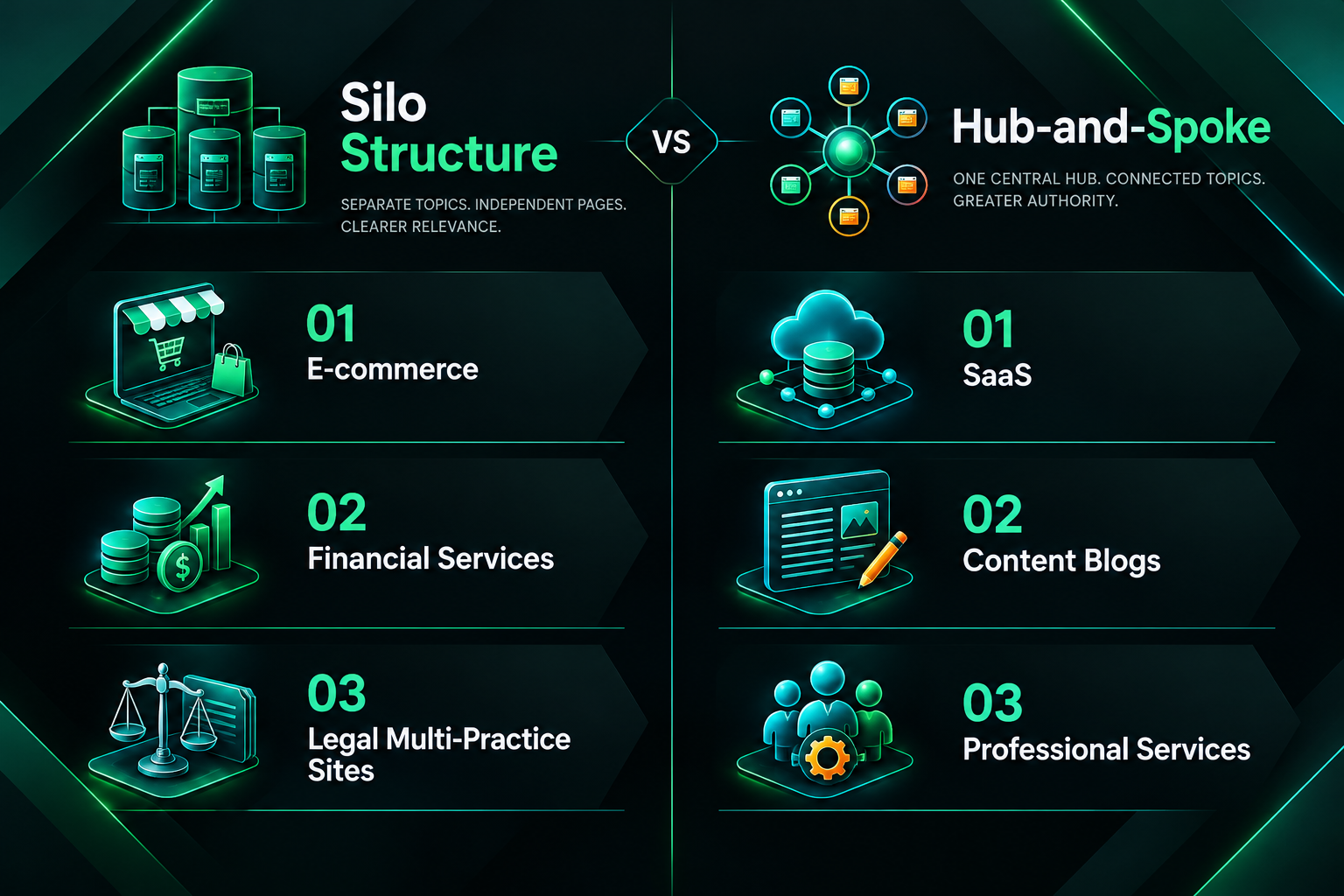 Infographic comparing site types suited to silo structure and hub-and-spoke internal linking