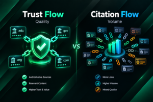 Trust Flow vs Citation Flow metric comparison illustration showing quality versus volume signals
