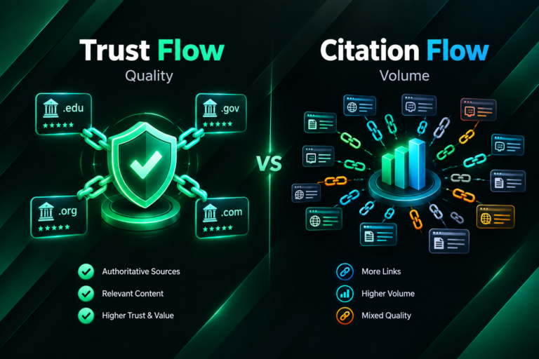Trust Flow vs Citation Flow metric comparison illustration showing quality versus volume signals